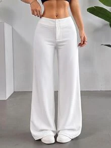 SHEIN EZwear 素色高腰喇叭直筒長褲 - 白色 - 查看 3