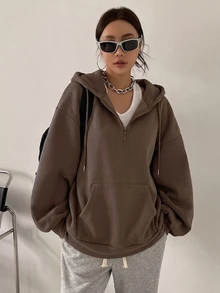 DAZY 拉鍊式落肩抽繩保暖內裡連帽衛衣，長袖上衣，秋季女裝運動衫外套 - 咖啡棕 - 查看 4