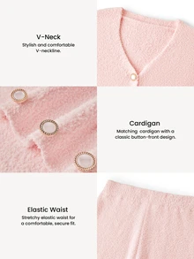LUVLETTE Autumn And Winter Winter Fuzzy Fleece Button-Up & Pants Loungewear Pajama Set As Outerwear Fall Pajamas Clothes - Pink - View 5