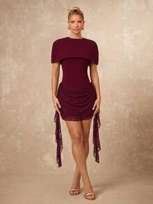 Lumalex Winter Fall Exquisite Lace Patchwork Fitted Waist Bodycon Mini Dress With Shawl Going Out Vacation Outfits Cruise Outfit For Women - Burgundy - View 6