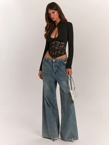SHEIN BAE Women's Sexy Cutout Lace Patchwork Top - Black - View 3