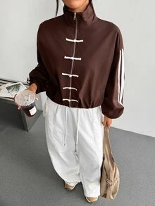 Dewbera Dewbera Vintage Colorblock Striped Frog Button Sport Jacket, Loose Fit Cuffed Sleeve Slouchy Women's Sweatshirt - Coffee Brown - View 4