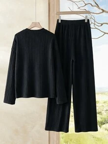 Rusticease Women's Long Sleeve Top And Loose Pants Knit Texture 2 Pieces Set - Black - View 2