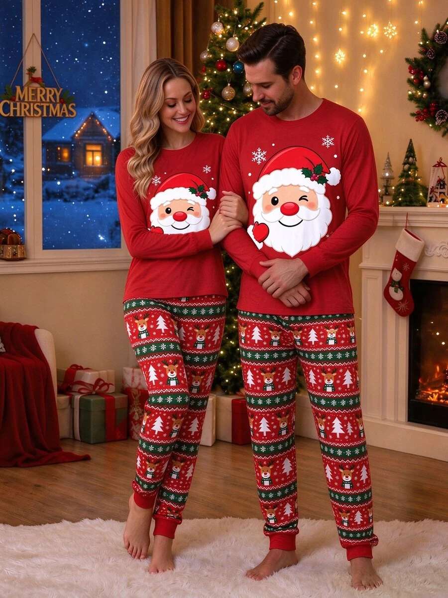 Manfinity Homme Men's Christmas Pattern Print Top And Pants Pajama Set For Home Wear - Multicolor - View 1