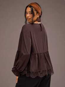 Freevana Plus Size Women's Elegant Long Sleeve Blouse With Lace Patchwork, Suitable For Autumn/Winter Commuting - Brown - View 2