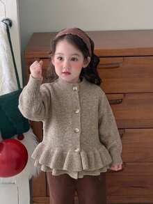 DAZY 嬰兒/幼兒（女童）荷葉邊飾休閒韓風純色秋冬長袖開襟衫 - 卡其色 - 查看 5