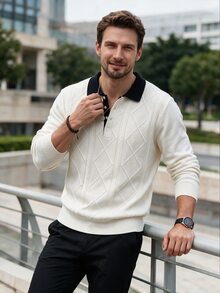 Manfinity Homme 男士半開襟鈕扣羅紋長袖百搭針織衫 - 白色 - 查看 6