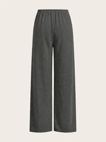 SHEIN EZwear 舒適黑色米色針織長直筒褲，附口袋設計，休閒基礎款，夏季居家休閒褲 - 彩色 - 查看 9
