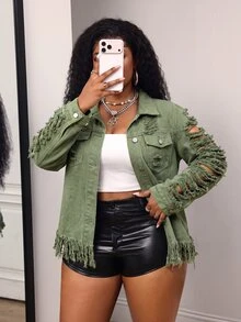 Slaydiva Plus Size Fashion Single-Breasted Distressed Fringe Denim Jacket Going Out Concert Navy Blue Autumn Grunge Goth - Green - View 8