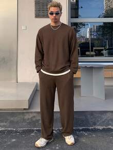 DAZY 2件組 男士 2合1 T恤與直筒長褲套裝，舒適休閒穿搭 - 棕色 - 查看 5