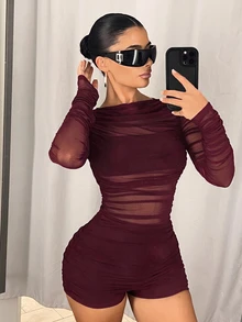 SHEIN ICON 網紗抓褶拼接長袖連身褲 - 酒紅色 - 查看 3