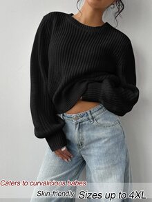 SHEIN BASICS Plus Size Women Solid Color Round Neck Long Sleeve Casual Traditional Sweater Autumn Formal Teacher White Home Wear - Black - View 5