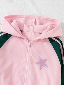 SHEIN 青少年女孩燈芯絨連帽外套背心與長褲套裝 星星圖案側條紋 3件式運動休閒套裝 秋冬活動穿搭 - 綠色 - 查看 6