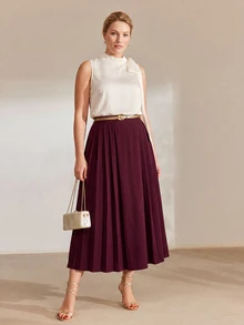 MOTF PREMIUM PLUS SIZE WOMEN'S PLEATED SKIRT, AUTUMN/WINTER - Burgundy - View 1