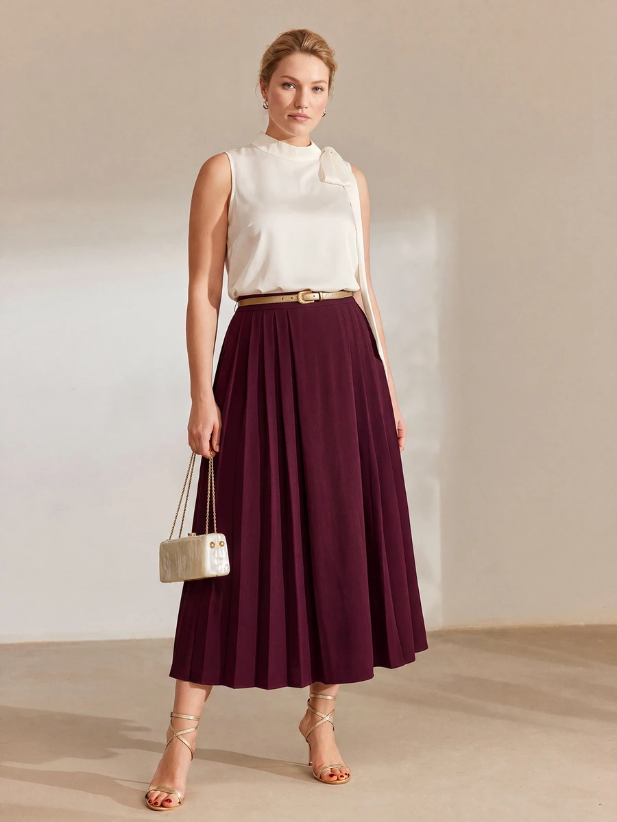 MOTF PREMIUM PLUS SIZE WOMEN'S PLEATED SKIRT, AUTUMN/WINTER - Burgundy - View 1