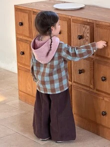 Dazy Kids Baju Bayi Perempuan Berkerudung Lengan Panjang Motif Kotak-kotak Gaya Korea Musim Semi/Musim Gugur - Biru - View 4