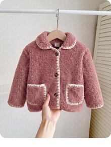 SHEIN 女嬰可愛秋冬休閒百搭棕色毛絨領夾克外套 - 藕粉色 - 查看 6