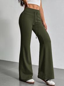 SHEIN EZwear 抽繩腰寬腿運動長褲，軍綠色 – 適合健身或休閒夏季穿著 - 軍綠色 - 查看 5