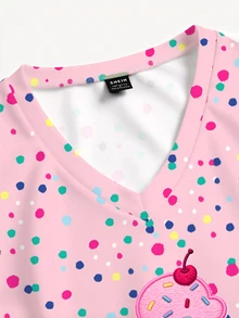 PopScrub Casual Minimalist Colorful Polka Dot Ice Cream Pattern All-Over Print Scrub Uniform Top - Multicolor - View 3