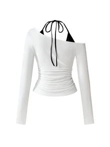 ROMWE Grunge Punk Women's Long Sleeve 2 In 1 Top, White Contrast Color Rhinestone Print, Sexy Asymmetrical Shoulder Design - White - View 2