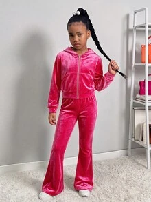 SHEIN 兒童青少年女孩秋冬休閒街頭風 絲絨水鑽背後袋帽顯瘦喇叭褲 2件套運動衫與長褲套裝，H - 玫紅色 - 查看 2