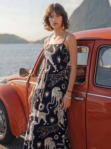 CAJUNI 女款黑白休閒波西米亞細肩帶海灘度假洋裝 - 黑與白 - 查看 5