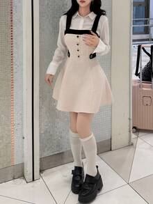 FRIFUL Women's Korean Style Button Contrast Color Dress - Black - View 1