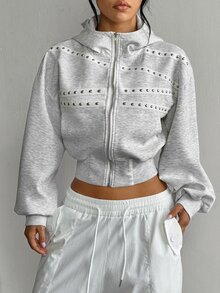 Dewbera Dewbera Women's American Punk Rivet Decor Hooded Sweatshirt, Short Zip-Up Sweatshirt With Dropped Shoulders, Casual Outerwear - White - View 3