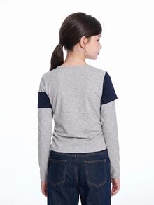 Dazy Kids Kaos Kasual Sehari-hari Model Dua Potong Patchwork untuk Remaja Perempuan - Grey - View 2