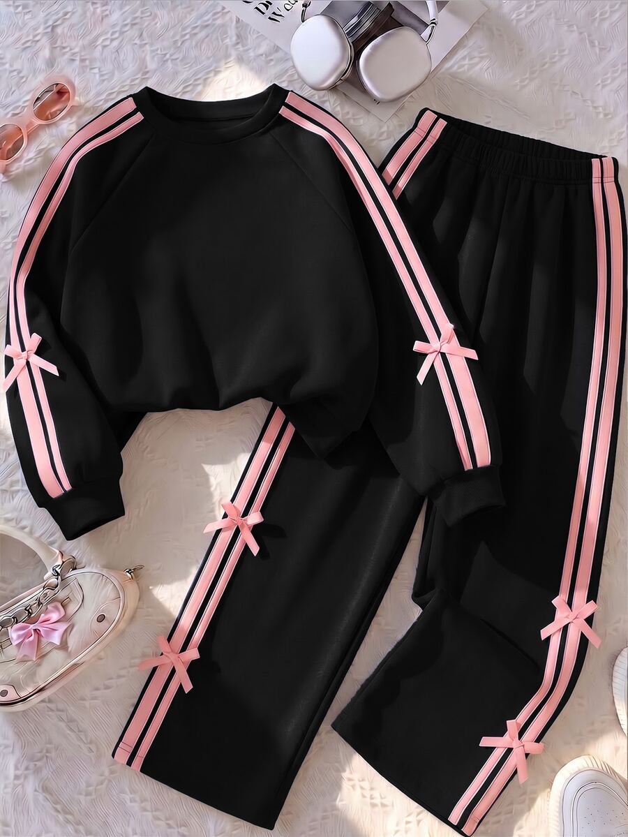 SHEIN 青少年女孩搖粒絨秋季套裝,長袖綠色,羅紋袖口、下擺與領口,側邊飾帶,蝴蝶結設計,秋冬款 - 黑色 - 查看 1