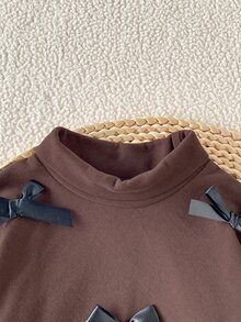 SHEIN 2pcs/Set Infant Girls Casual Vintage Brown Bow 3D Decor High Neck Long Sleeve Asymmetric Top + Flared Pants Fleece Set, Suitable For Daily Wear In Autumn/Winter - Brown - View 7