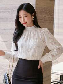 Wynsel Women's Elegant Floral Pleated Blouse Long Sleeve Tops - Beige - View 1