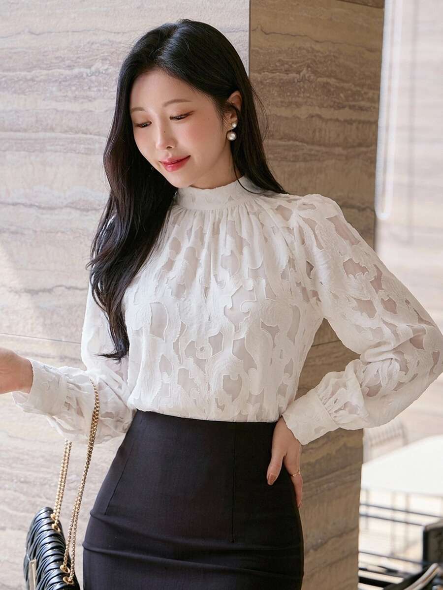 Wynsel Women's Elegant Floral Pleated Blouse Long Sleeve Tops - Beige - View 1