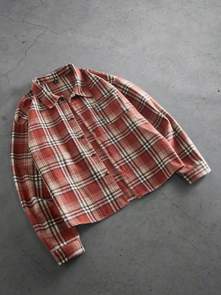 Manfinity Roghcode Áo sơ mi nam size lớn họa tiết kẻ caro, phong cách thường ngày, đa năng, mặc hàng ngày - trái cam - Xem 1