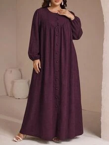 Veilorie 大尺碼女款鈕扣百褶優雅東南亞風休閒端莊阿拉伯式長裙，灰色，適合度假、辦公、正式場合、洗禮，秋季 - 酒紅色 - 查看 4