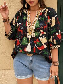 Linhara Fashion Casual Vacation Vintage Elegant Commute 3/4 Sleeve Blue Printed Blouse Fall - Multicolor - View 5
