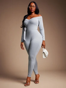 SHEIN SXY Plus Size Women Solid Color Off-Shoulder Long Sleeve Fitted Jumpsuit - Grey - View 3