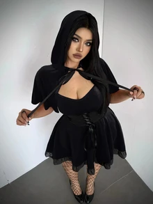 Whyspr Plus Size Women's Hooded Cape And Waist Tie Dress 2 Pieces Set - Black - View 6