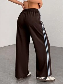 SHEIN PETITE 休閒側條紋彈性腰長褲，適合嬌小女性 - 巧克力棕 - 查看 3