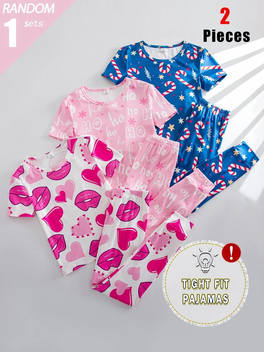 SHEIN Blind Box Random 3-In-1 Set Tween Girl Knit Spring/Summer Short Sleeve Long Pants Round Neck Simple English Creative Red Lips Star Magic Wand Fun Digital Print Pattern Slim Fit Comfortable Soft Skin-Friendly Random Floral Print 2 Pieces Top And Bottom Combination Set Pajamas Homewear - Multicolor - View 1