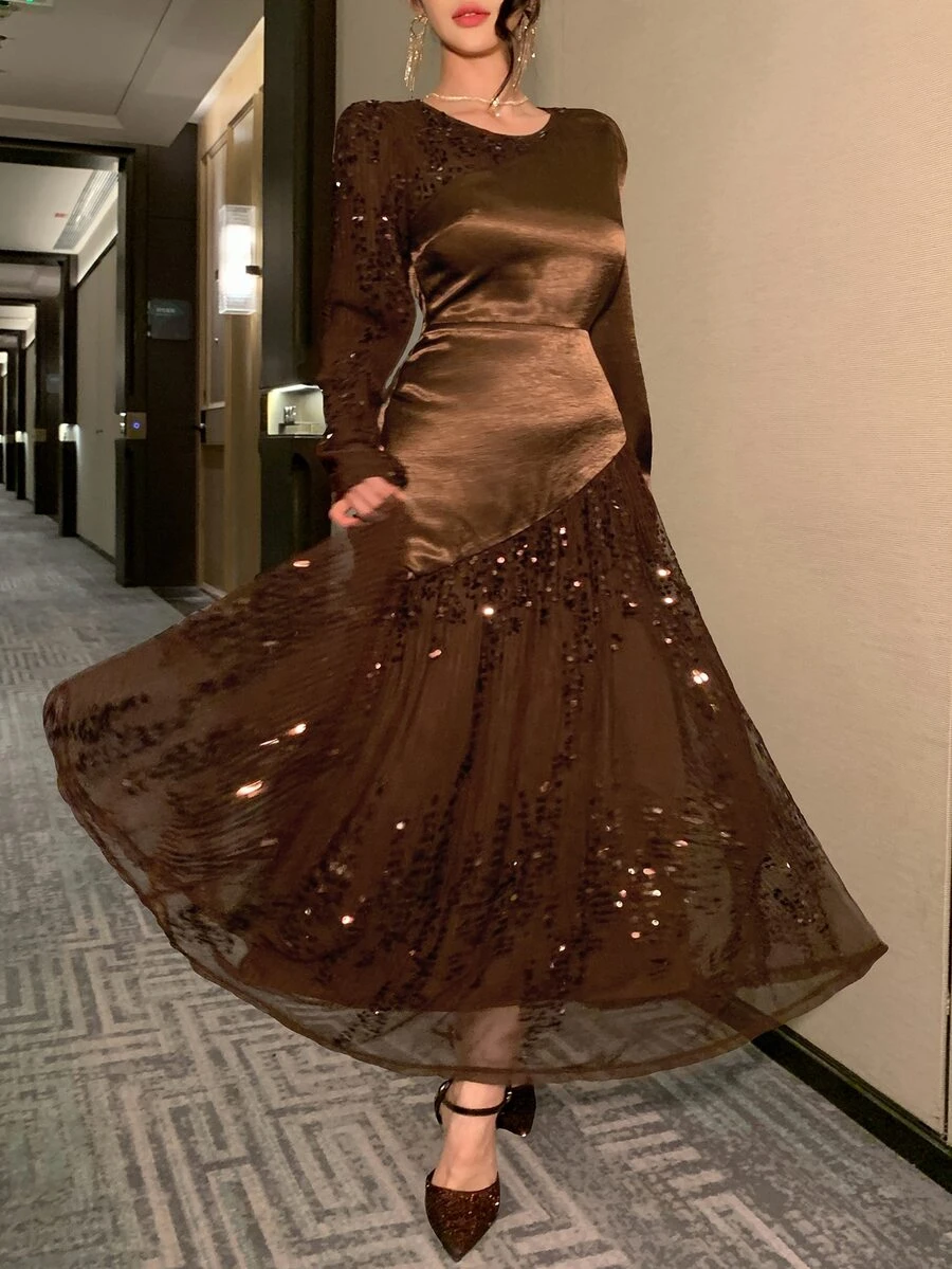 DAZY Women's Colorblock Casual Party & Travel Long Dress - Coffee Brown - View 1