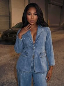 BriallanyX BriallanyX Plus Size Women's Rhinestone Casual Daily Denim Jacket - Blue - View 5