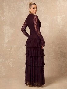 Lumalex Winter Fall Exquisite Luxury Lace Exaggerated Layered Trumpet Long Sleeve Fitted Dress Going Out Vacation Outfits Cruise Outfit For Women - Red Violet - View 6