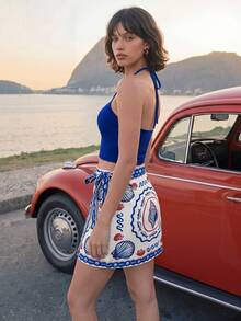 CAJUNI Women's Solid Color Halter Top And Mini Skirt Casual Set - Blue - View 2