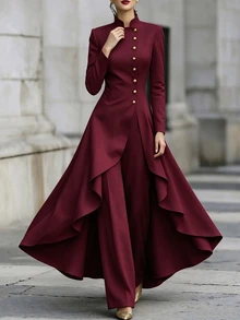 SHEIN 優雅白色兩件式正式套裝 高領金色鈕扣不對稱飄逸下擺長版外套寬腿褲 - 酒紅色 - 查看 4