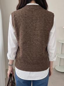 DAZY Solid V-Neck Sweater Vest Without Blouse,Fall Clothes - Brown - View 4