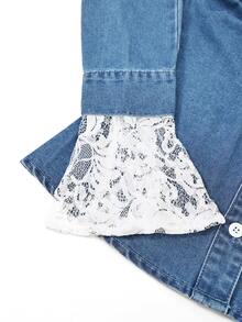GlowEve Women's Lace Patchwork Pleated Single-Breasted Denim Shirt - Medium Wash - View 4