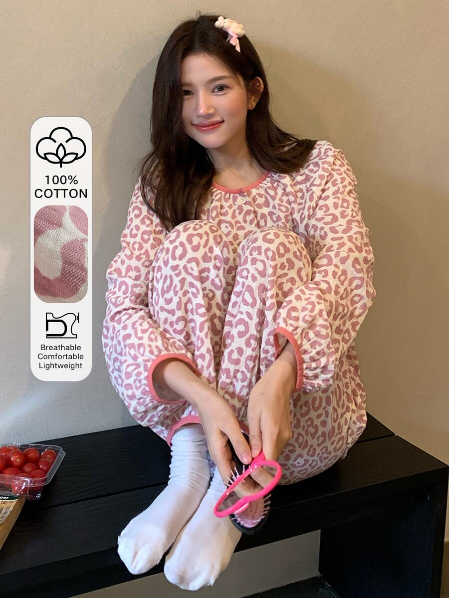 DAZY 女款豹紋單排扣長袖上衣與長褲睡衣套裝 - 粉色 - 查看 1