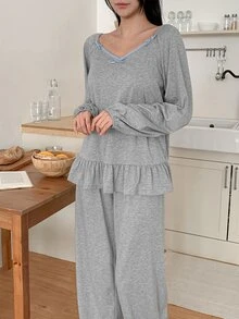 DAZY 2pcs/Set Women's Lace Patchwork V-Neck Long Sleeve Frill Trim Solid Color Straight Leg Long Pajama Set - Grey - View 6
