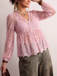 Freevana 女款蕾絲貝殼鈕扣透視襯衫 大尺碼 寬鬆優雅 日常街頭穿搭 通勤 婚禮賓客 晚餐 度假 夏季 秋季 黑色 - 粉色 - 查看 10